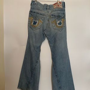 True Religion jeans, size 34 33 distressed, Rainbow Joey, missing fly button